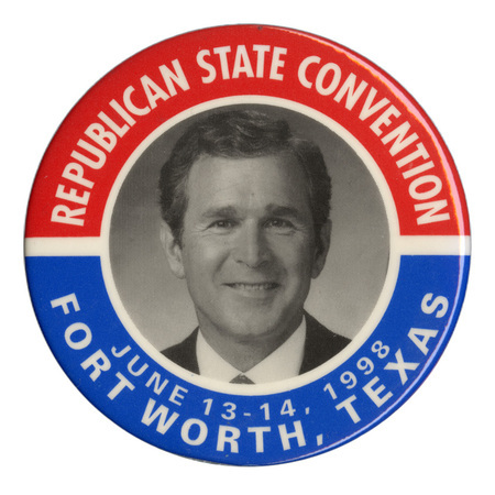 Round button with a red and blue border. In the center is a black and white photograph of George W. Bush. White text reads "REPUBLICAN STATE CONVENTION JUNE 13-14, 1998 FORT WORTH, TEXAS"