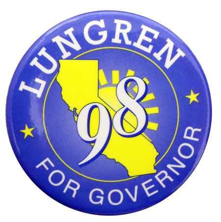 Round, blue button with a yellow outline of the state of California against a yellow sun. White text reads "LUNGREN 98 FOR GOVERNOR"