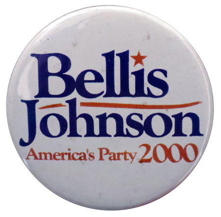 Round, white button with blue and red text reading "Bellis Johnson America's Party 2000"