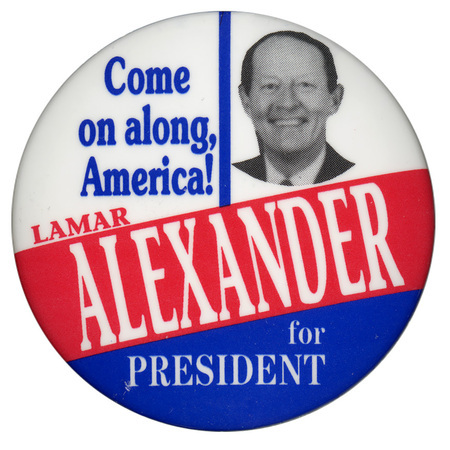 Round button with white, red, and blue sections. In the top right section is a black and white photograph of Lamar Alexander. Blue, red, and white text reads "Come on along, America! LAMAR ALEXANDER for PRESIDENT"