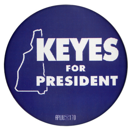 Round, blue button with a white outline of the state of New Hampshire. White text reads "KEYES FOR PRESIDENT"