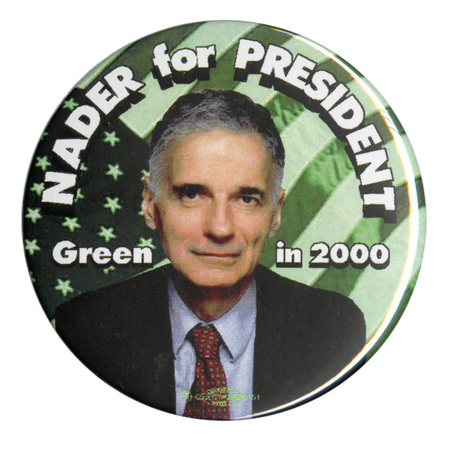 Round button with a color photograph of Ralph Nader against a photograph of the US flag. White text reads "NADER for PRESIDENT Green in 2000"