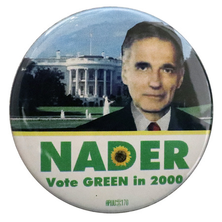 Round button with one section that includes a color photograph of Ralph Nader against a color photograph of the White House. The lower section has a white background and green text reading "NADER Vote GREEN in 2000". In the center of the "D" in "NADER" is an image of a sunflower.
