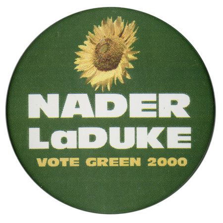 Round, green button with a color photograph of a sunflower. White and yellow text reads "NADER LaDUKE VOTE GREEN 2000"