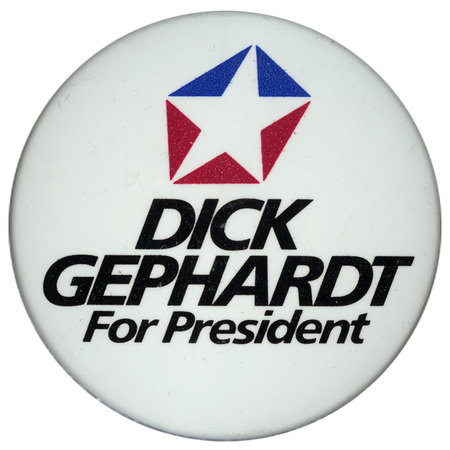 Round, white button with a stylized red, white, and blue star. Black text reads "DICK GEPHARDT For President"