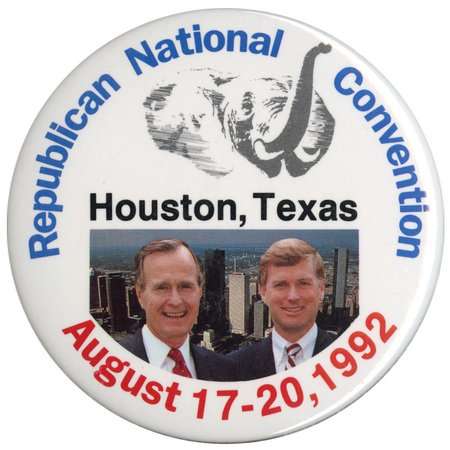 Round, white button with color photographs of George H. W. Bush and Dan Quayle below a black and white drawing of an elephant. Blue, black, and red text reads "Republican National Convention Houston, Texas August 17-20, 1992"