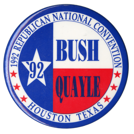Round, red, white, and blue button in the style of the Texas state flag. Blue text reads "1992 REPUBLICAN NATIONAL CONVENTION '92 BUSH QUAYLE HOUSTON TEXAS"