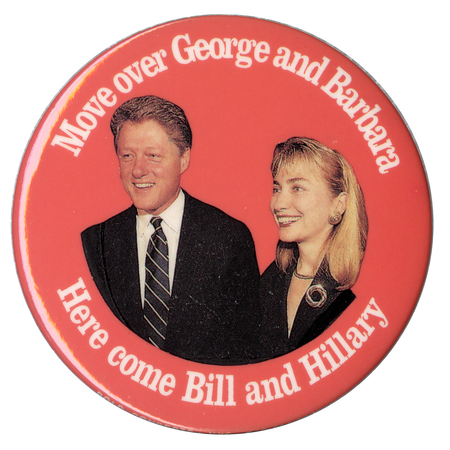 Round, orange button with a color photograph of Bill and Hillary Clinton. White text reads "Move over George and Barbara Here come Bill and Hillary"