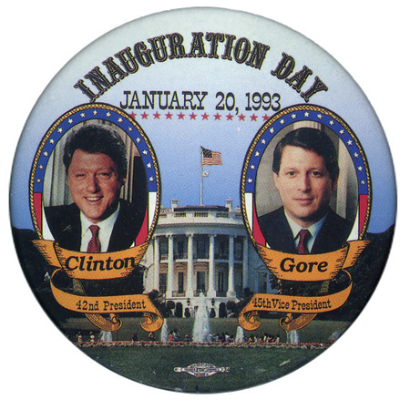 Round button with color photographs of Bill Clinton and Al Gore in flag-themed frames against a color photograph of the White House. Black text reads "INAUGURATION DAY JANUARY 20, 1993 Clinton 42nd President Al Gore 45th Vice President"