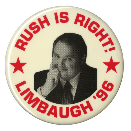 Round, white button with a black and white photograph of Rush Limbaugh in the center. Red text reads "RUSH IS RIGHT! LIMBAUGH '96"