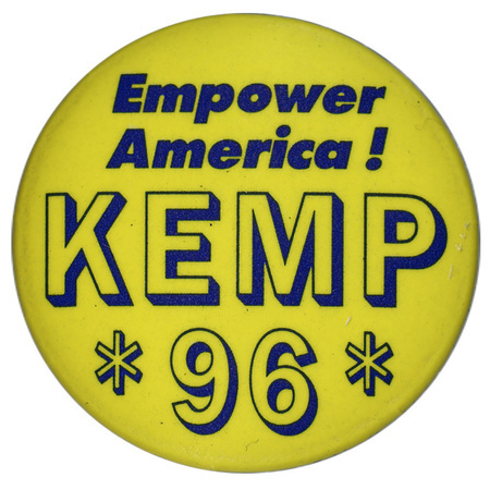 Round, yellow button with blue text reading "Empower America! KEMP 96"