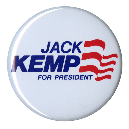 Round, white button with red stripes and blue text reading "JACK KEMP FOR PRESIDENT"