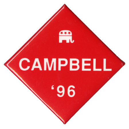 Diamond-shaped, red button with a white drawing of the GOP elephant symbol and white text reading "CAMPBELL '96"