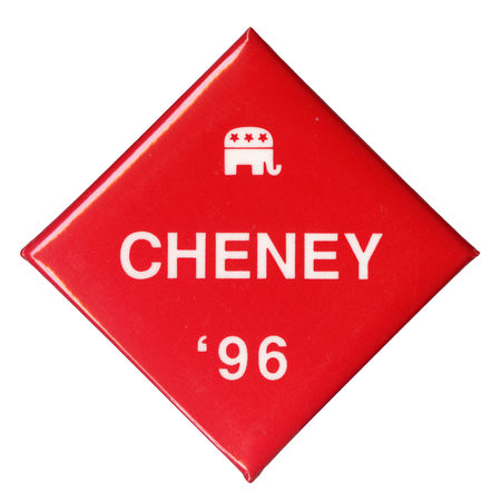Diamond-shaped, red button with a white drawing of the GOP elephant symbol and white text reading "CHENEY '96"