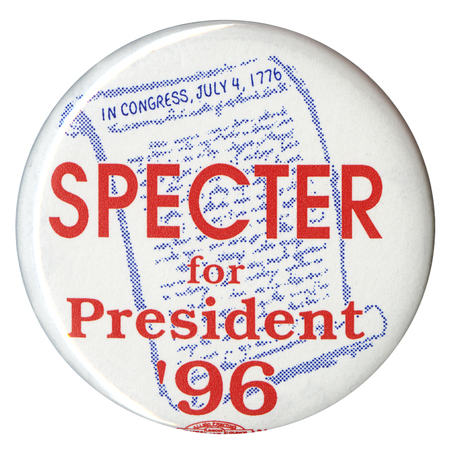 Round, white button with a blue drawing of the Declaration of Independence. Red text reads "SPECTER for President '96"
