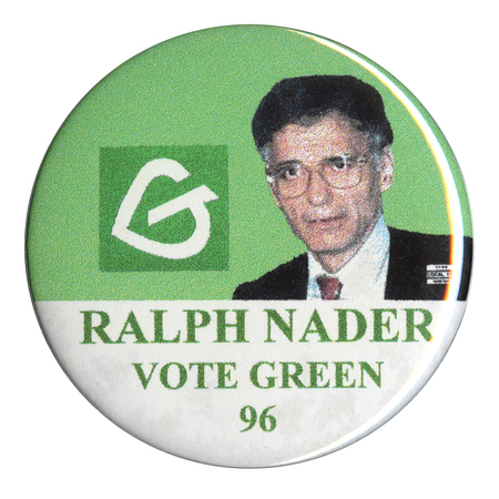 Round, green and white button with a color photograph of Ralph Nader and a stylized "G" symbol. Green text reads "RALPH NADER VOTE GREEN 96"