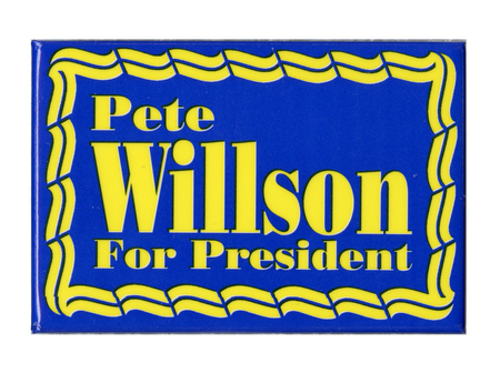Rectangular, blue button with yellow line decorations and yellow text reading "Pete Willson [sic] For President"