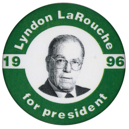 Round button with a green border and a black and white photograph of Lyndon LaRouche in the center. White and green text reads "Lyndon LaRouche for president 1996"