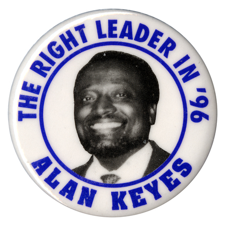 Round, white button with a black and white photograph of Alan Keyes in the center. Blue text reads "THE RIGHT LEADER IN '96 ALAN KEYES"