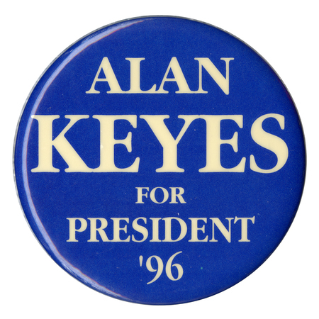 Round, blue button with white text reading "ALAN KEYES FOR PRESIDENT '96"