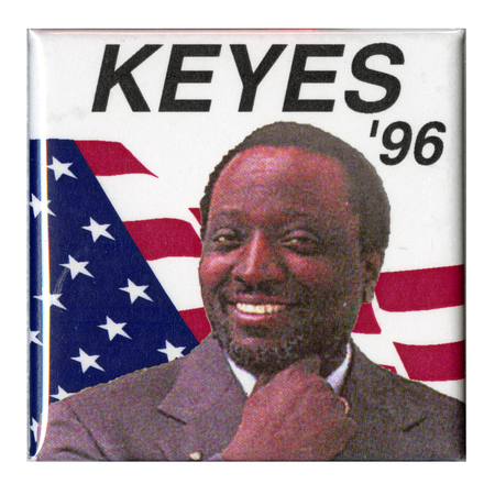 Square button with a color photograph of Alan Keyes against a US flag. Black text reads "KEYES '96"