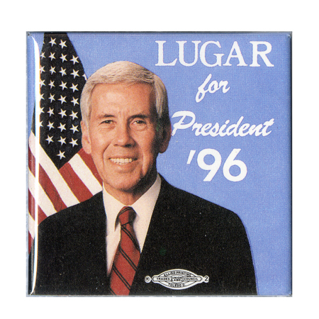 Square, blue button with a color photograph of Richard Lugar and a US flag. White text reads "LUGAR for President '96"