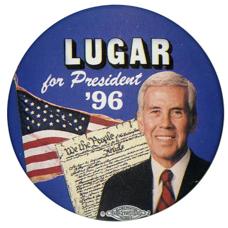 Round, blue button with a color photograph of Richard Lugar, the US Constitution, and the US flag. White text reads "LUGAR for President '96"