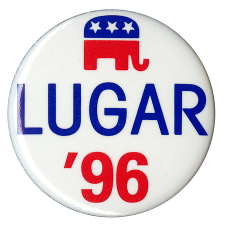 Round, white button with a red and blue GOP elephant symbol. Blue and red text reads "LUGAR '96"