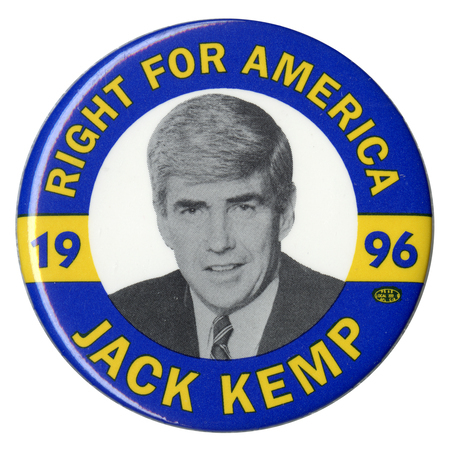 Round button with a blue and yellow border. A black and white photograph of Jack Kemp is in the center. Yellow and blue text reads "RIGHT FOR AMERICA JACK KEMP 1996"
