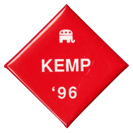 Diamond-shaped, red button with a white drawing of the GOP elephant symbol and white text reading "KEMP '96"