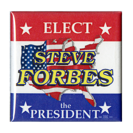Square red, white, and blue button with a drawing of the United States filled in with the US flag. White and yellow text reads "ELECT STEVE FORBES the PRESIDENT"