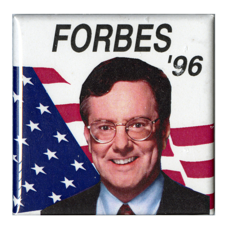 Square, white button with a color photograph of Steve Forbes against a US flag. Black text reads "FORBES '96"
