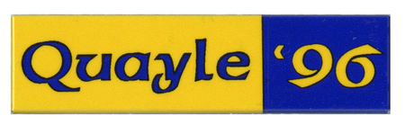 Rectangular, yellow and blue button with contrasting blue and yellow text reading "Quayle '96"