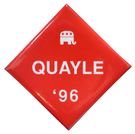 Diamond-shaped, red button with a white drawing of the GOP elephant symbol and white text reading "QUAYLE '96"