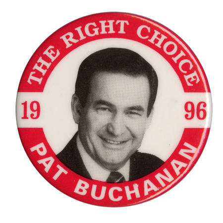 Round, white button with a red border. In the center is a black and white photograph of Pat Buchanan. White and red text reads "THE RIGHT CHOICE PAT BUCHANAN 1998"