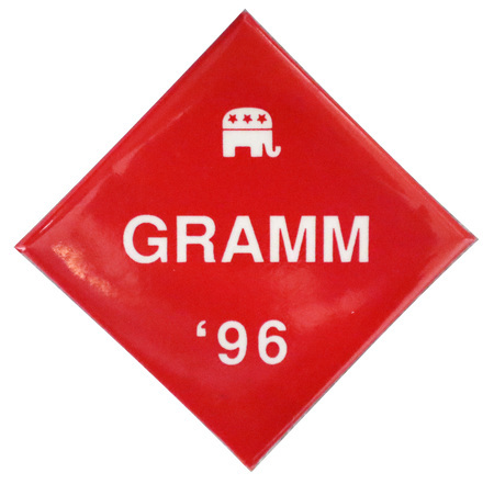 Diamond-shaped, red button with a white drawing of the GOP elephant symbol and white text reading "GRAMM '96"