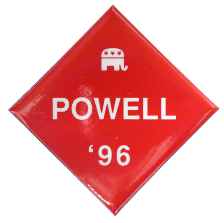 Diamond-shaped, red button with a white drawing of the GOP elephant symbol and white text reading "POWELL '96"