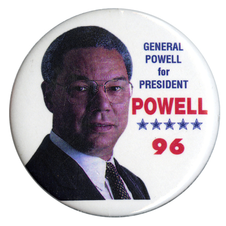 Round, white button with a color photograph of Colin Powell. Blue and red text reads "GENERAL POWELL for PRESIDENT POWELL 96"