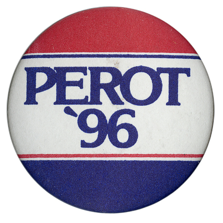 Round button with horizontal bands of red, white, and blue. Blue text reads "PEROT '96"