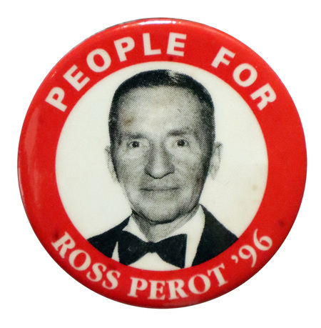 Round button with a red border and white interior circle with a black and white photograph of Ross Perot. White text around the edge reads "PEOPLE FOR ROSS PEROT '96"