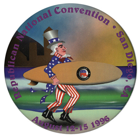 Round button with a color illustration of Uncle Sam carrying a surfboard at the beach. Purple text reads "Republican National Convention San Diego August 12-15 1996"