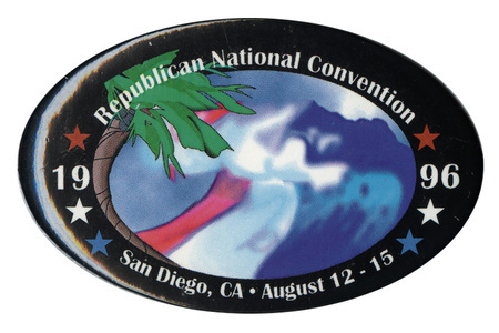 Oval, black button with an illustration of a red, white, and blue crashing wave and a palm tree. White text reads "Republican National Convention San Diego, CA August 12-15 1996"