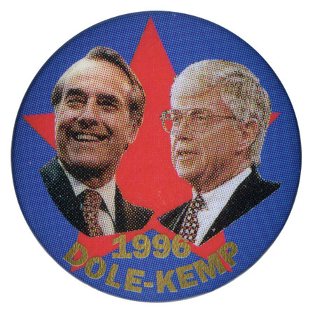 Round, blue button with a large red star and color photographs of Bob Dole and Jack Kemp. Gold text reads "1996 DOLE-KEMP"