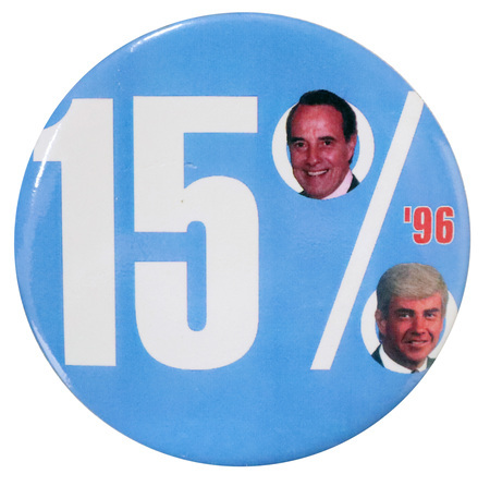 Round, blue button with white and red text reading "15% '96". In the two circles of the percent sign are color photographs of Bob Dole and Jack Kemp.