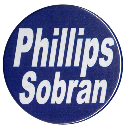 Round, blue button with white text reading "Phillips Sobran"