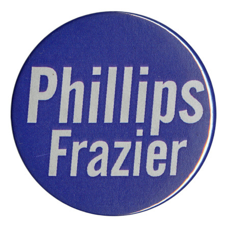 Round, blue button with white text reading "Phillips Frazier"