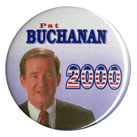 Round, blue and white button with a color photograph of Pat Buchanan. Red, white, and blue text reads "Pat BUCHANAN 2000"
