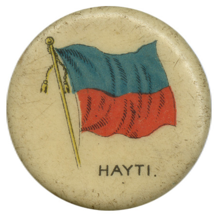 Round, white button with a color illustration of the civil flag of Haiti. Black text reads "HAYTI."