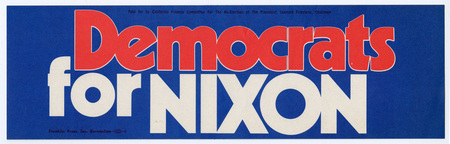 Rectangular, blue bumper sticker with red and white text reading "Democrats for NIXON"