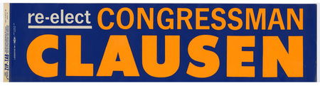 Rectangular, blue bumper sticker with white and yellow text reading "re-elect CONGRESSMAN CLAUSEN"